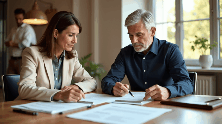 Zwei Personen besprechen Immobilienverträge am Tisch