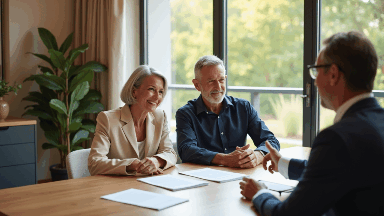 Älteres Paar im Gespräch mit Immobilienmakler am Tisch