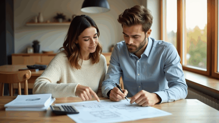 Paar plant Baufinanzierung am Tisch mit Plänen