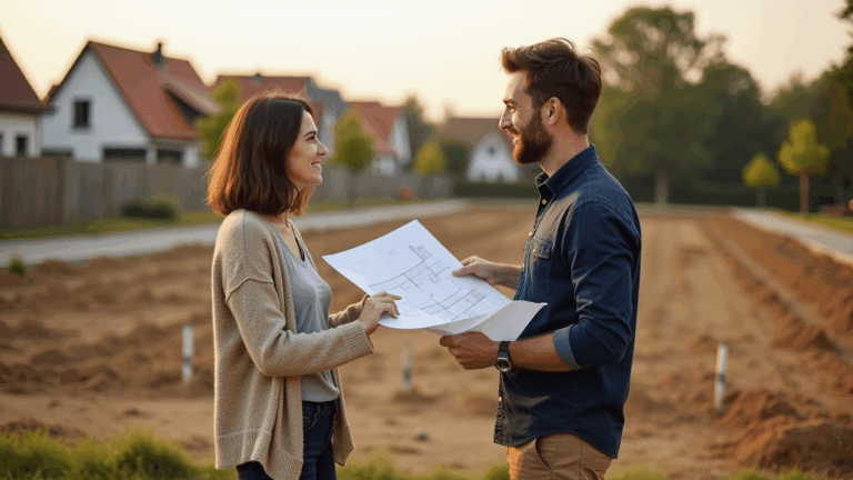 Paar diskutiert Baupläne auf einem leeren Grundstück