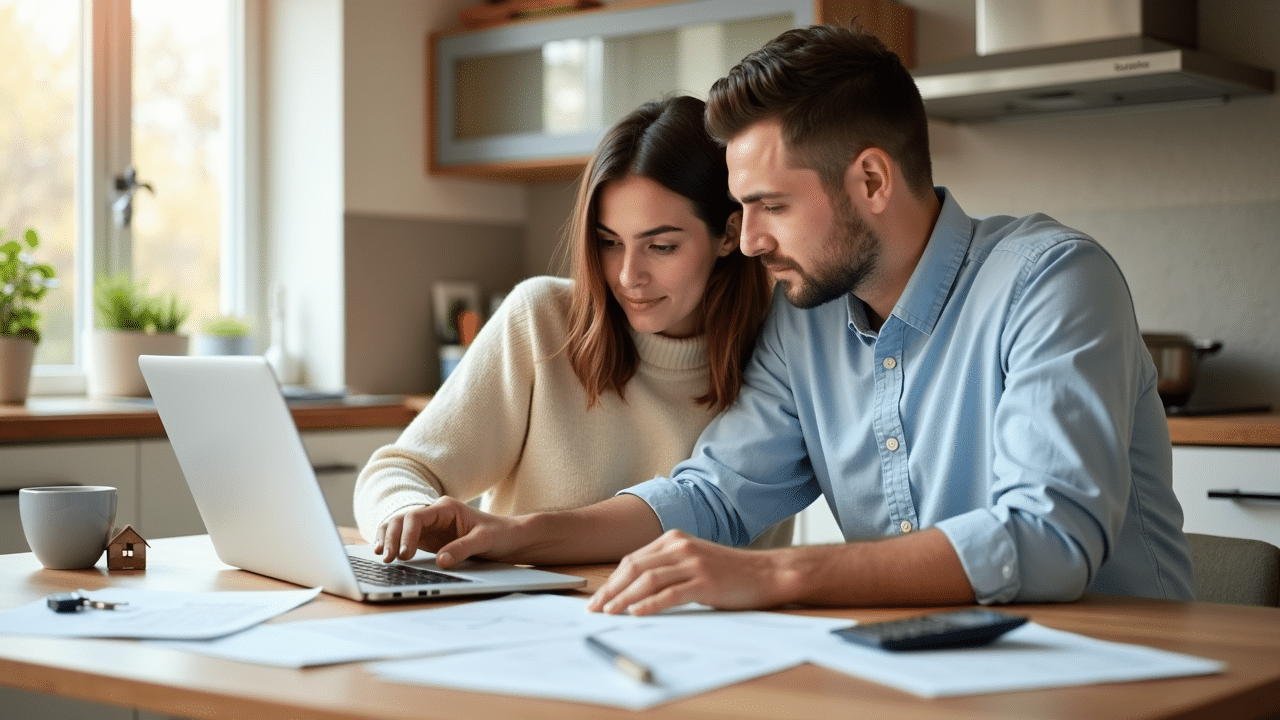 Paar berechnet Eigenkapital für Hauskauf am Laptop