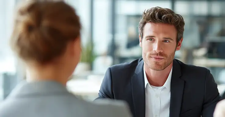 Mann im Anzug spricht mit Frau im Büro