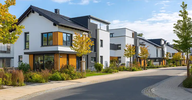 Reihe moderner Häuser an einer ruhigen Straße