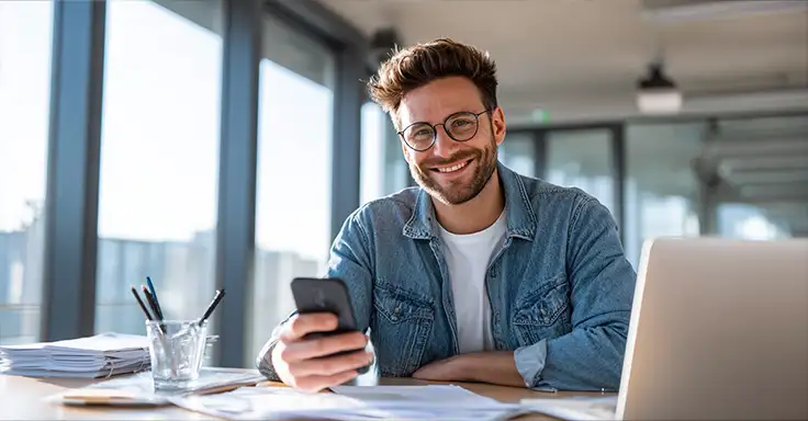 Mann am Schreibtisch mit Smartphone und Laptop