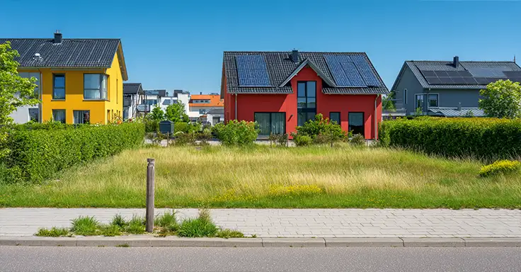 Rotes Einfamilienhaus mit Solarpanels und Garten