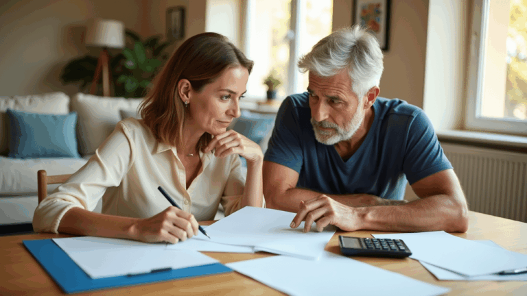Paar plant Immobilienverkauf mit Unterlagen am Tisch
