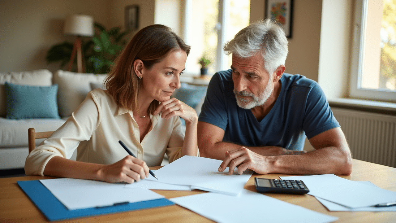 Paar plant Immobilienverkauf mit Unterlagen am Tisch