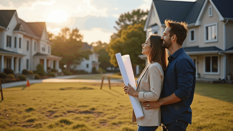 Paar betrachtet Baupläne auf einem sonnigen Grundstück