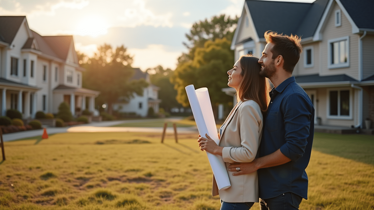 Paar betrachtet Baupläne auf einem sonnigen Grundstück