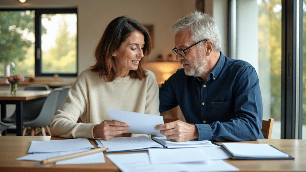 Paar prüft Dokumente am Tisch für Grundstücksverkauf