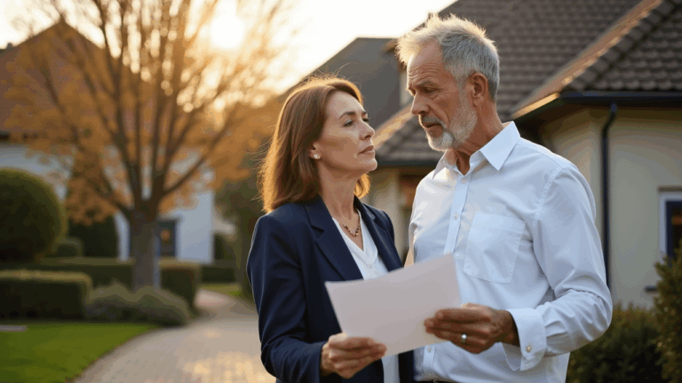 Paar diskutiert Grundstückswert vor Haus