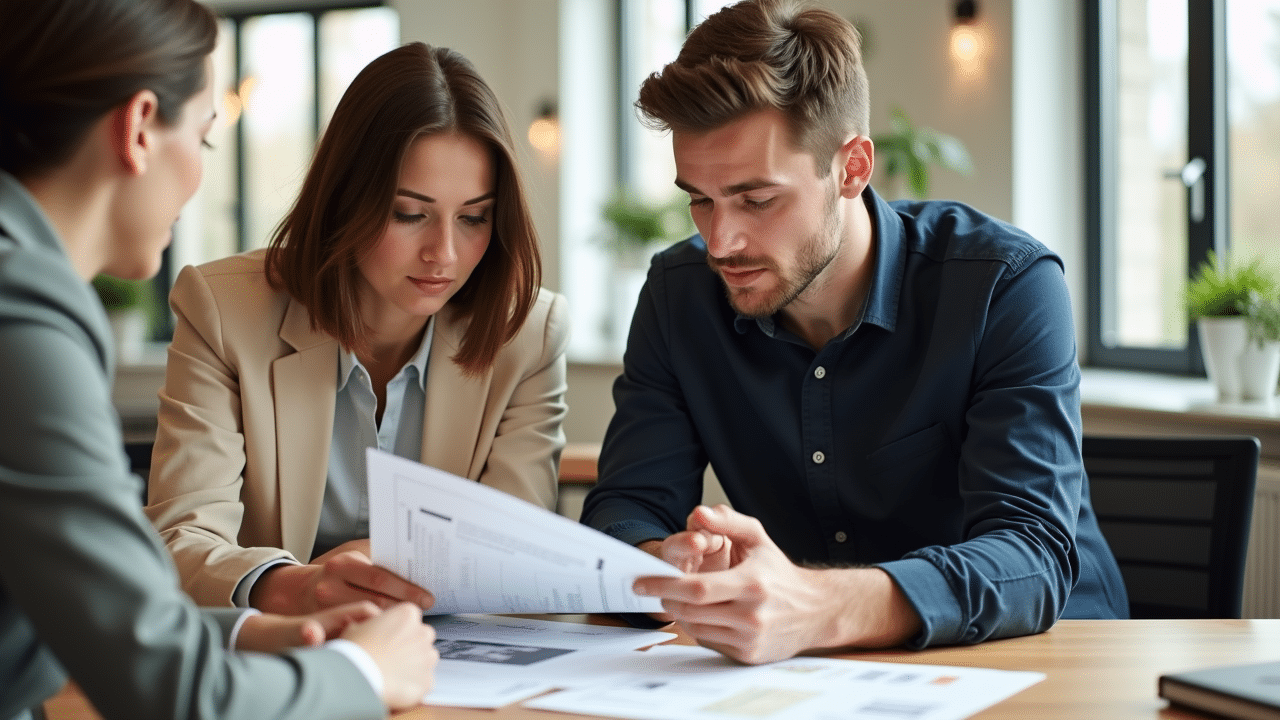 Drei Personen besprechen Dokumente zum Hauskauf