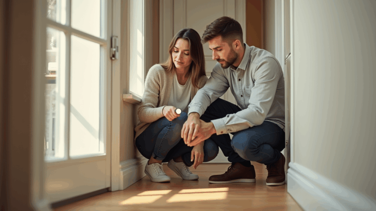 Paar inspiziert Boden auf Mängel im Haus