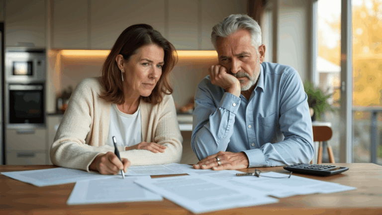 Paar prüft Dokumente zum Hausverkauf am Tisch