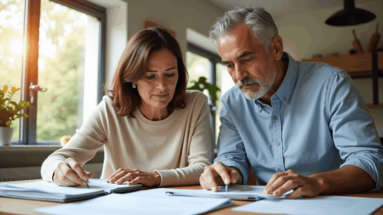 Paar prüft Dokumente für Hausverkauf am Tisch