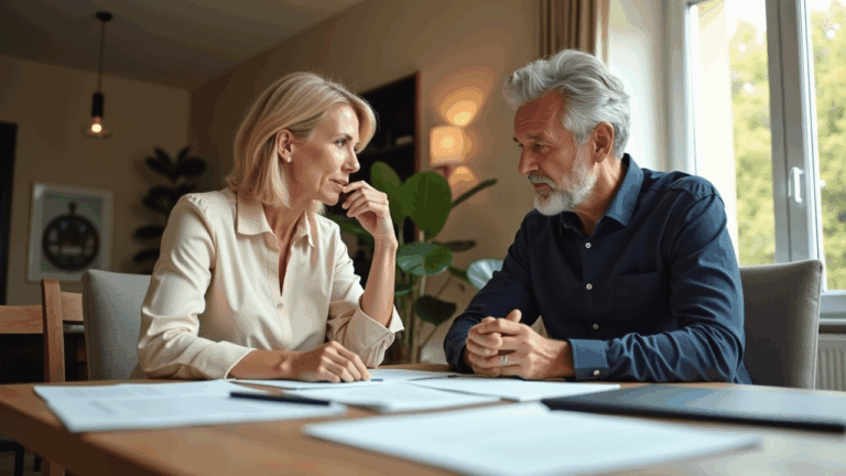 Zwei Personen besprechen Immobilienverkauf am Tisch