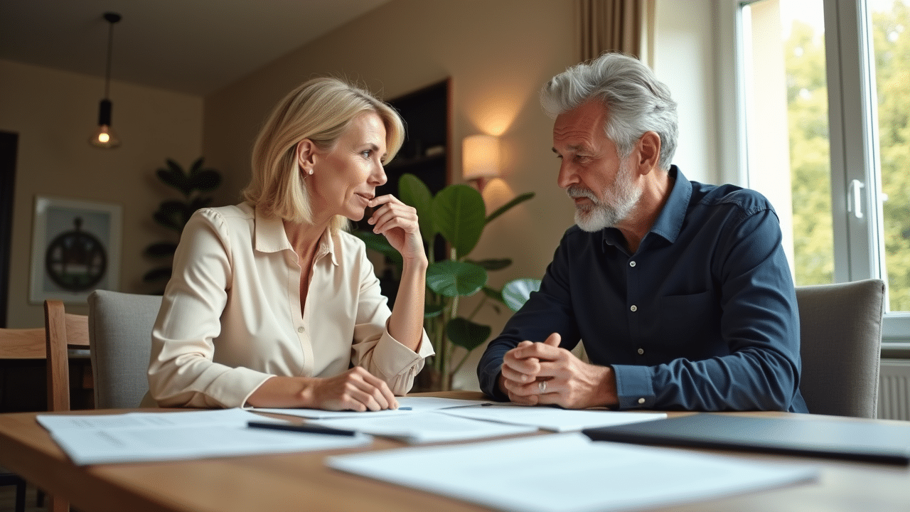 Zwei Personen besprechen Immobilienverkauf am Tisch