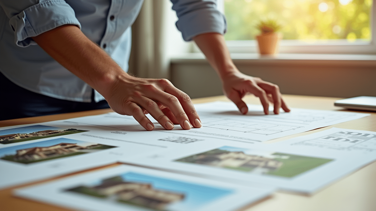 Person gestaltet Immobilien-Exposé auf einem Tisch