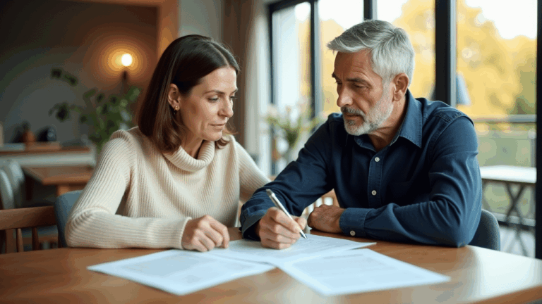 Paar bespricht Immobilienverkaufsstrategie am Tisch