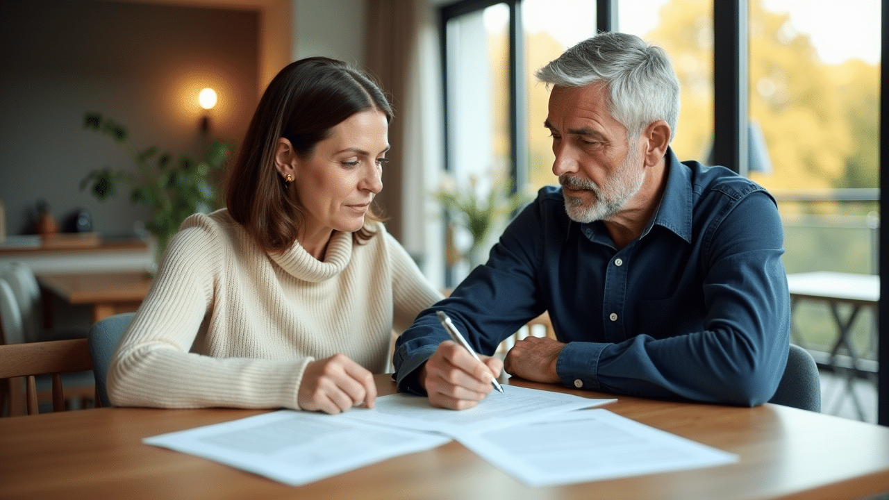 Paar bespricht Immobilienverkaufsstrategie am Tisch