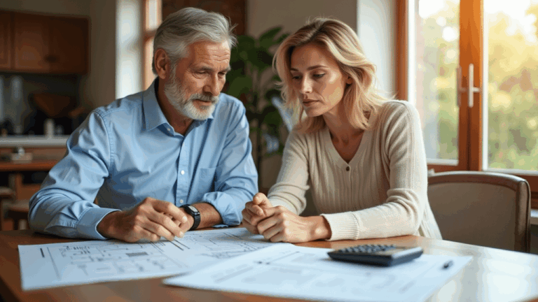 Paar bei der Immobilienbewertung mit Plänen und Taschenrechner