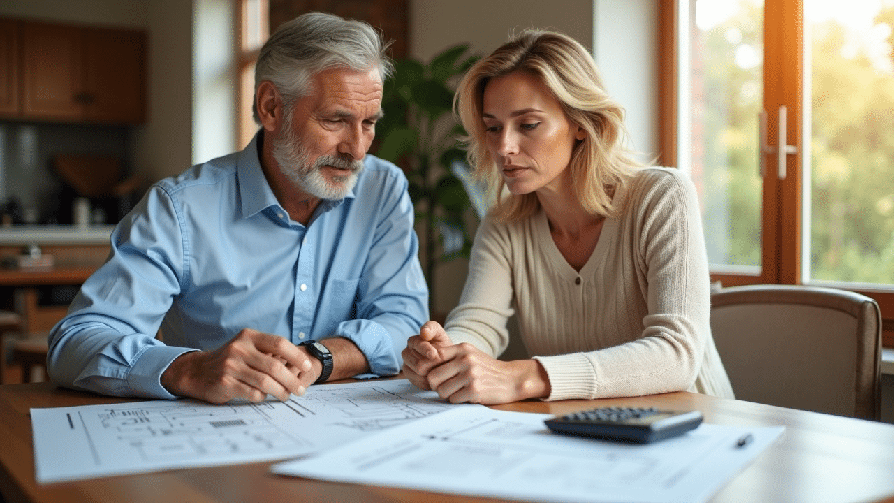 Paar bei der Immobilienbewertung mit Plänen und Taschenrechner