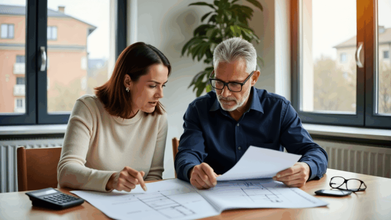 Zwei Personen bewerten Wohnungspläne am Tisch