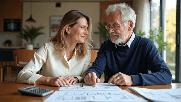 Zwei Personen diskutieren Immobilienpläne am Tisch