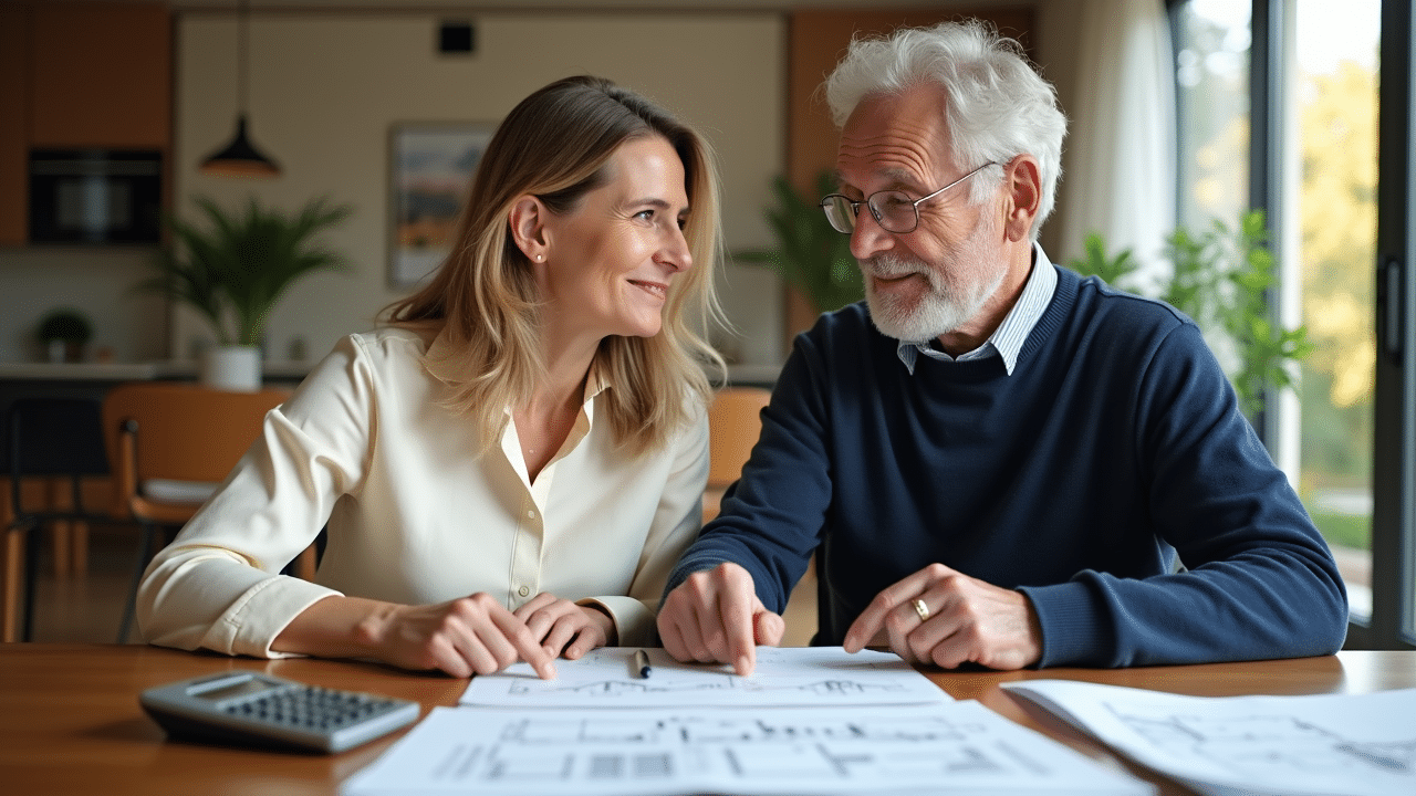 Zwei Personen diskutieren Immobilienpläne am Tisch