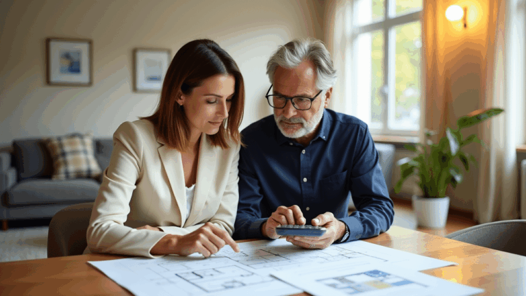 Zwei Personen analysieren Immobilienpläne am Tisch