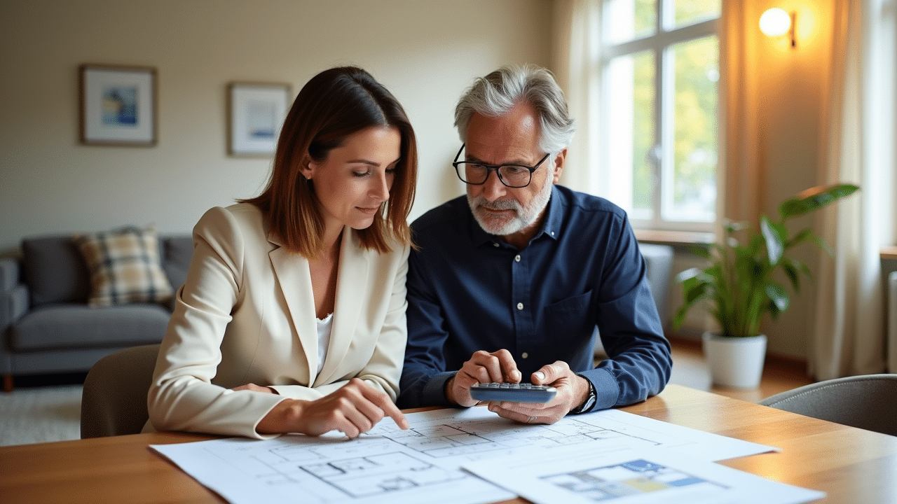 Zwei Personen analysieren Immobilienpläne am Tisch