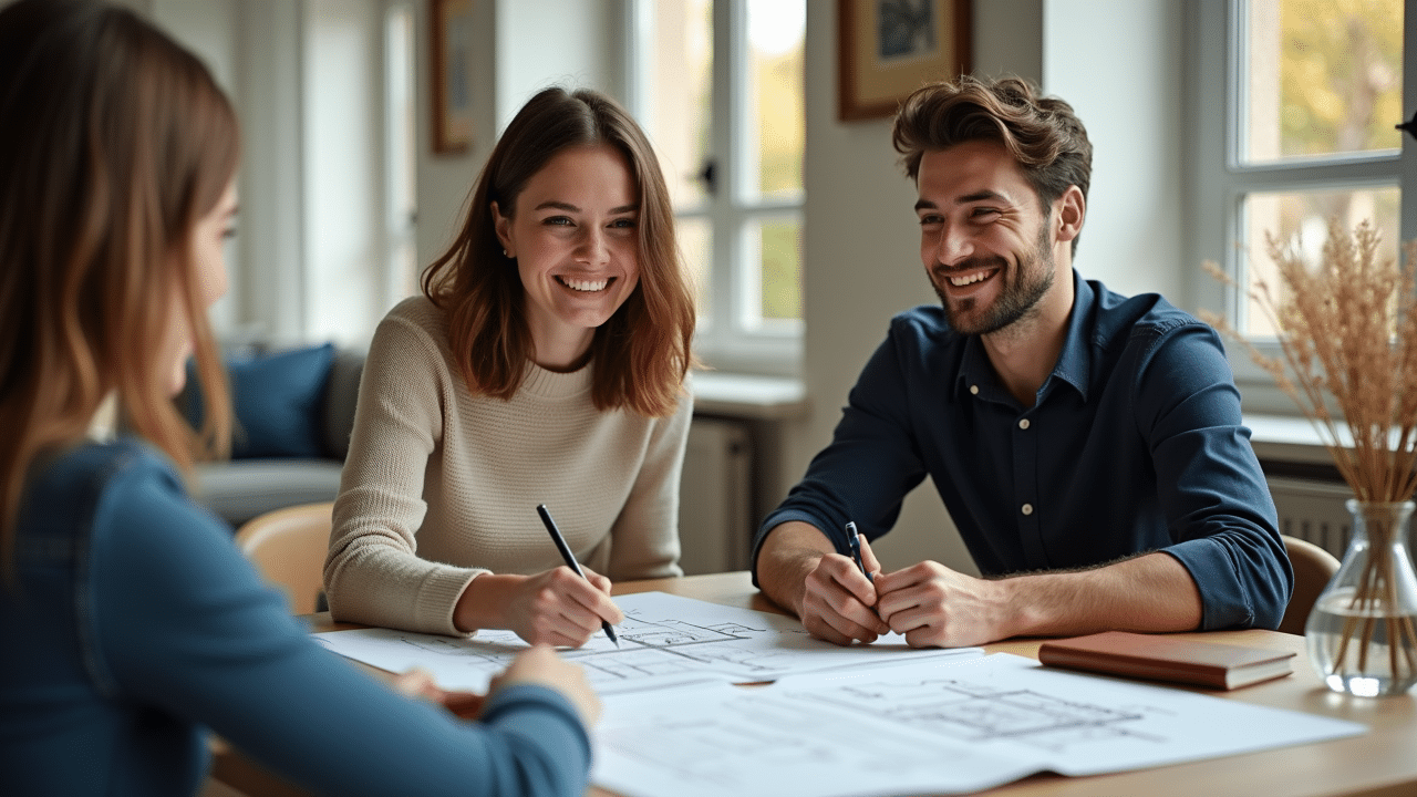 Lächelnde Menschen besprechen Immobilienpläne am Tisch