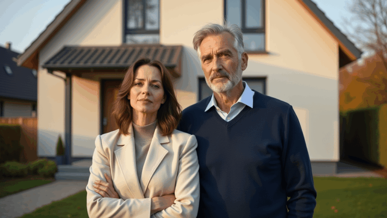 Paar steht vor modernem Einfamilienhaus