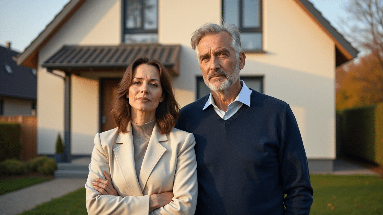 Paar steht vor modernem Einfamilienhaus