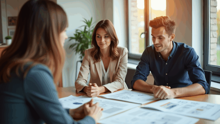 Paar bei Immobilienberatung mit Maklerin am Tisch