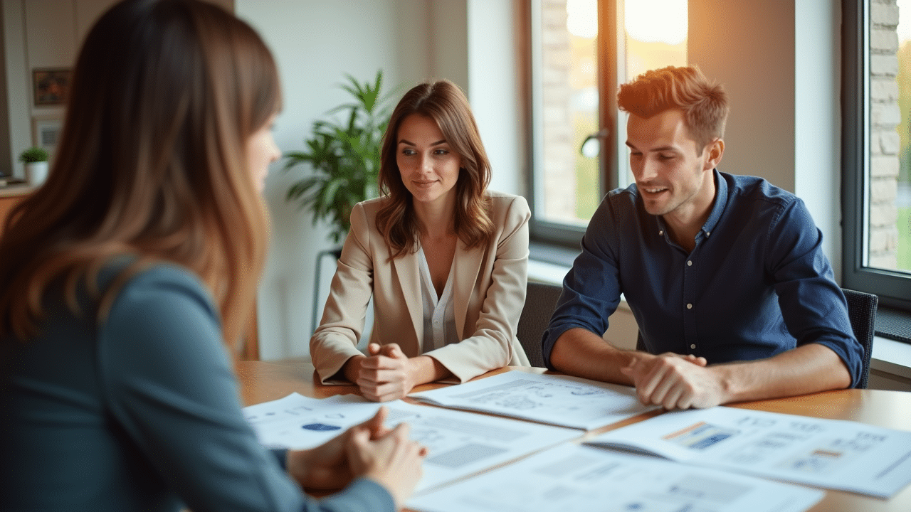 Paar bei Immobilienberatung mit Maklerin am Tisch