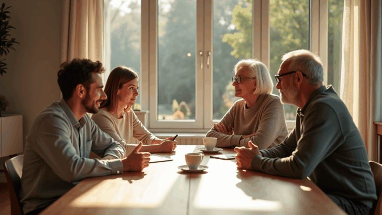 Vier Personen diskutieren am Tisch über Immobilienkauf