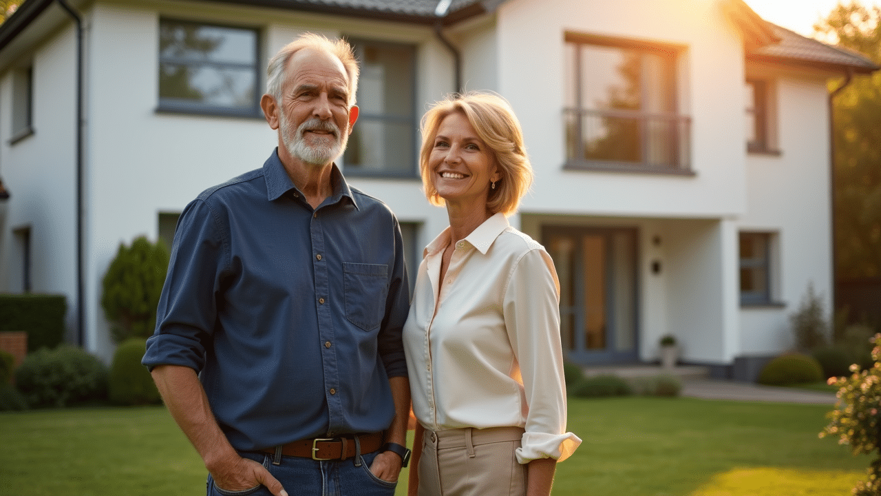 Älteres Paar vor einem modernen Haus im Sonnenlicht