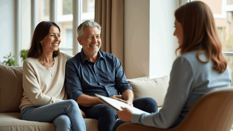 Paar im Gespräch mit Immobilienberaterin auf Sofa