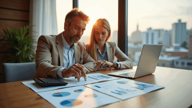 Zwei Personen analysieren Immobilienrenditen mit Diagrammen