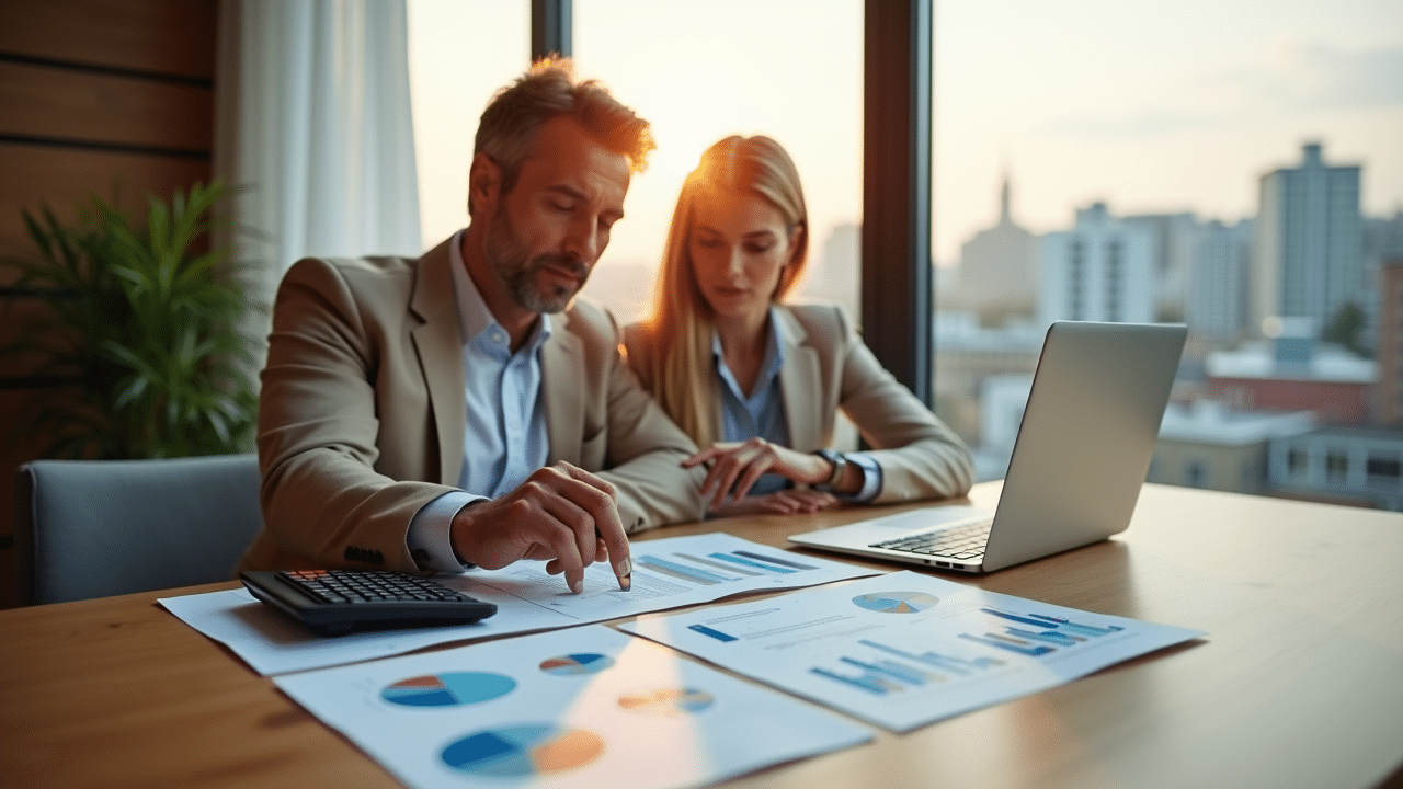 Zwei Personen analysieren Immobilienrenditen mit Diagrammen