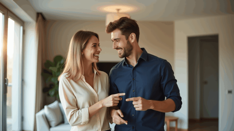 Lächelndes Paar bei Wohnungsbesichtigung im Wohnzimmer